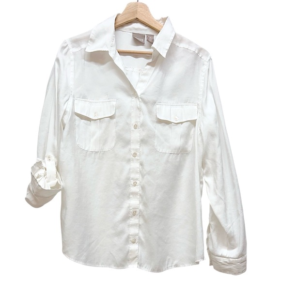 Chico's Tops - Chicos Shirt Women Size Large White Cream Blouse Roll Tab Button Utility Cargo